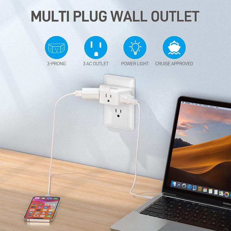 BEVA 2 Pack Small Electric Outlet Adapter, Multi Plug Wall Outlet Extender, 3 Prong Adapter 3 AC Plug Extender for Travel Cruise Ship Dorm Room Essentials - Image 3
